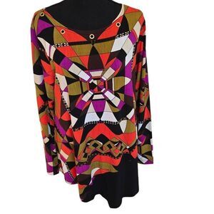 ISABEL Womens Geometric Print Long Sleeve Tunic Blouse Multicolor Size Large